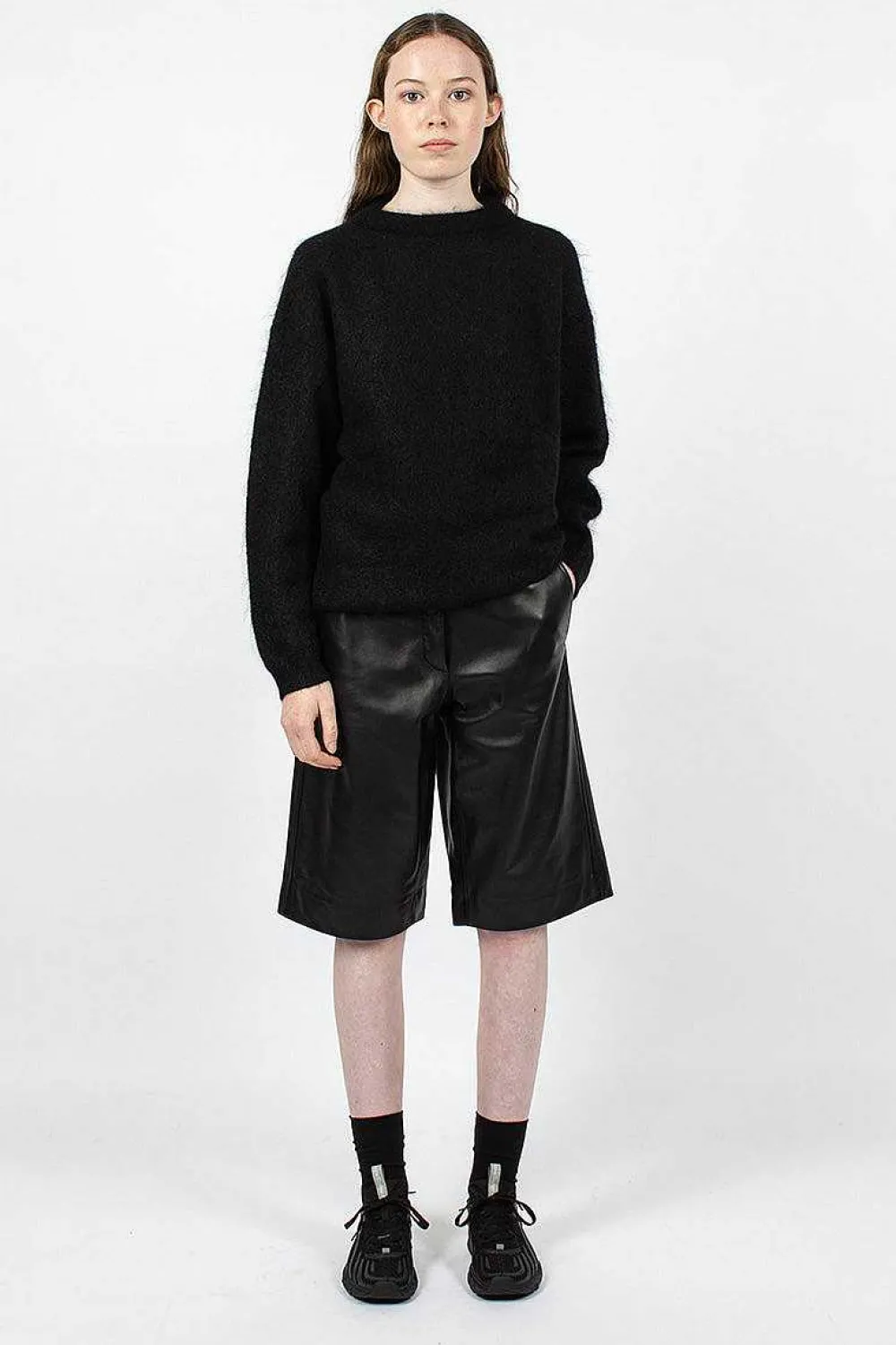 Acne Studios Bermuda Wide Leather Shorts Black| Trousers