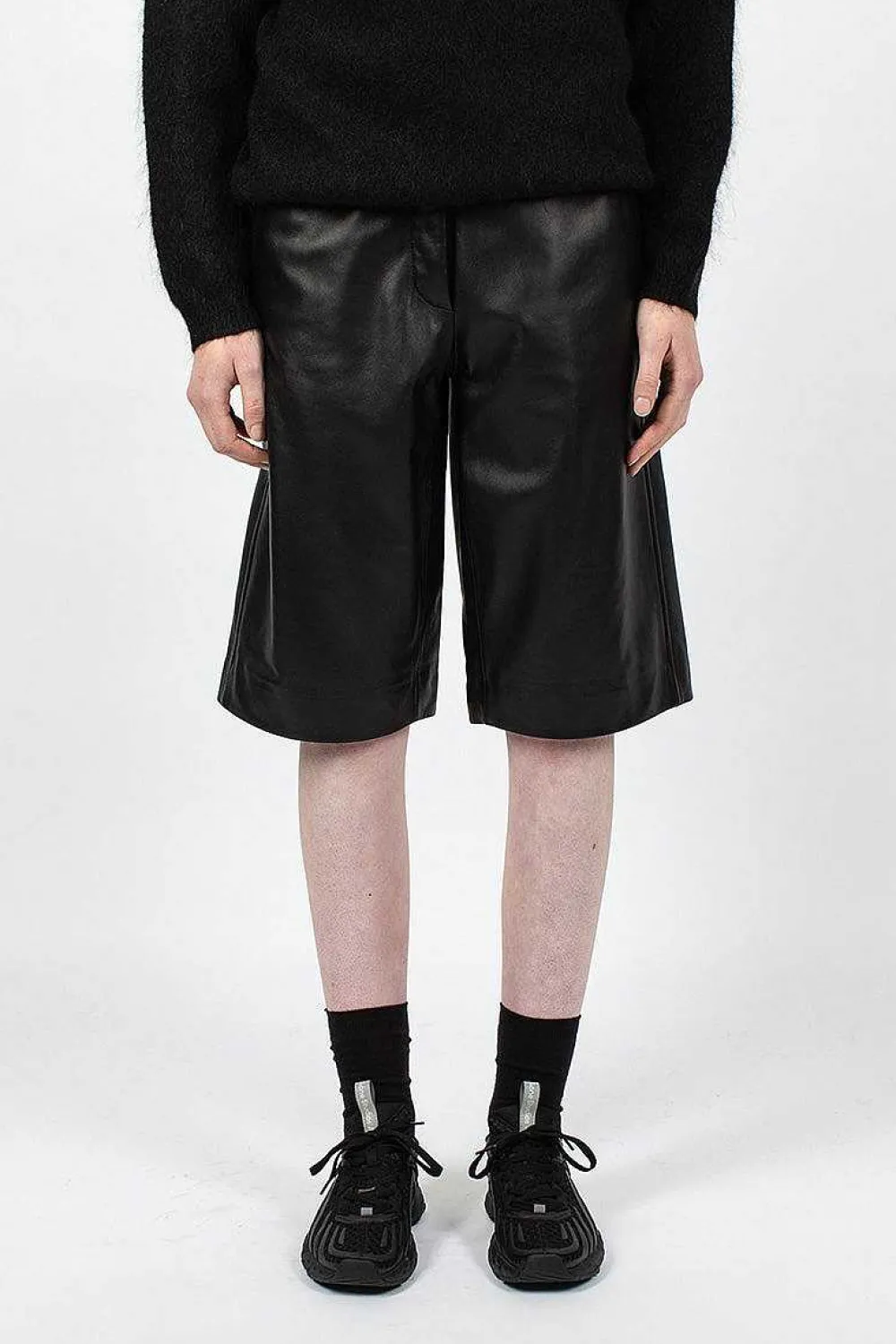 Acne Studios Bermuda Wide Leather Shorts Black| Trousers