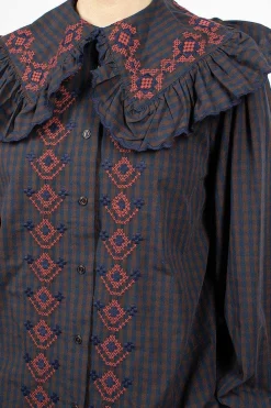YMC Blossom Gingham Shirt Navy/Brown| Shirts