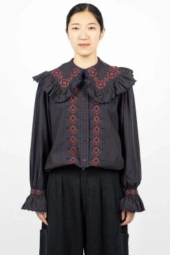 YMC Blossom Gingham Shirt Navy/Brown| Shirts