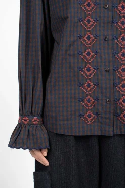 YMC Blossom Gingham Shirt Navy/Brown| Shirts