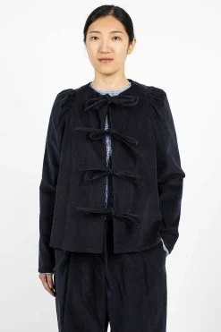 Eleph Cord Bow Shirt Navy| Tops