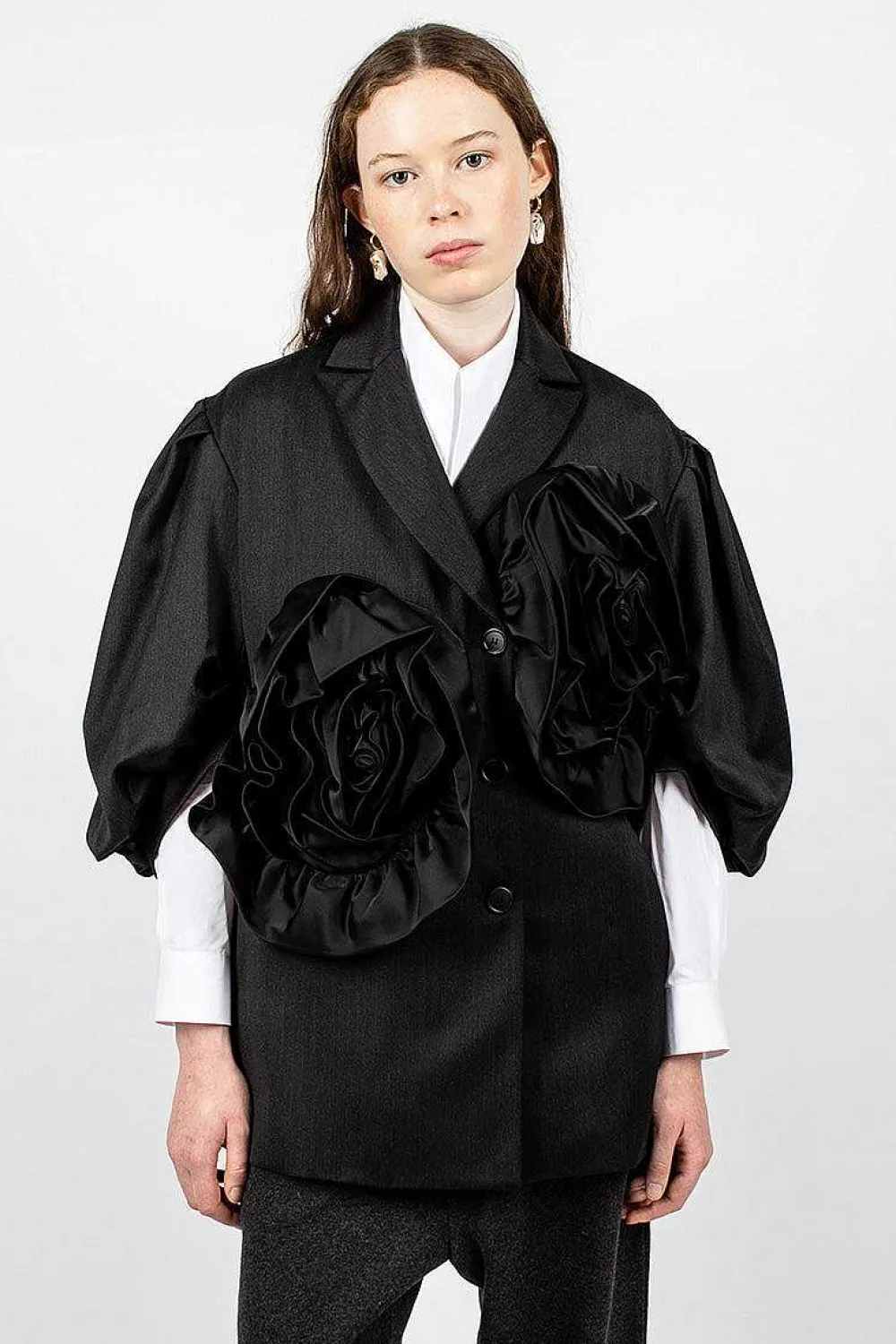 Simone Rocha Exaggerated Satin Rose Blazer Charcoal/Black| Outerwear