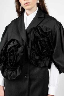 Simone Rocha Exaggerated Satin Rose Blazer Charcoal/Black| Outerwear
