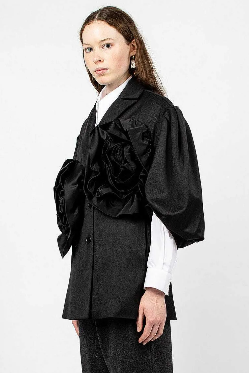 Simone Rocha Exaggerated Satin Rose Blazer Charcoal/Black| Outerwear