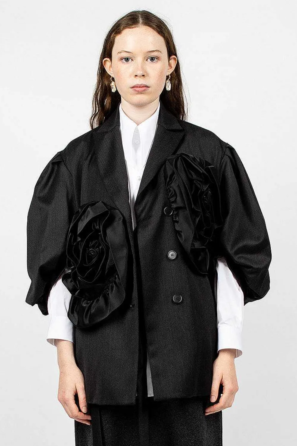 Simone Rocha Exaggerated Satin Rose Blazer Charcoal/Black| Outerwear