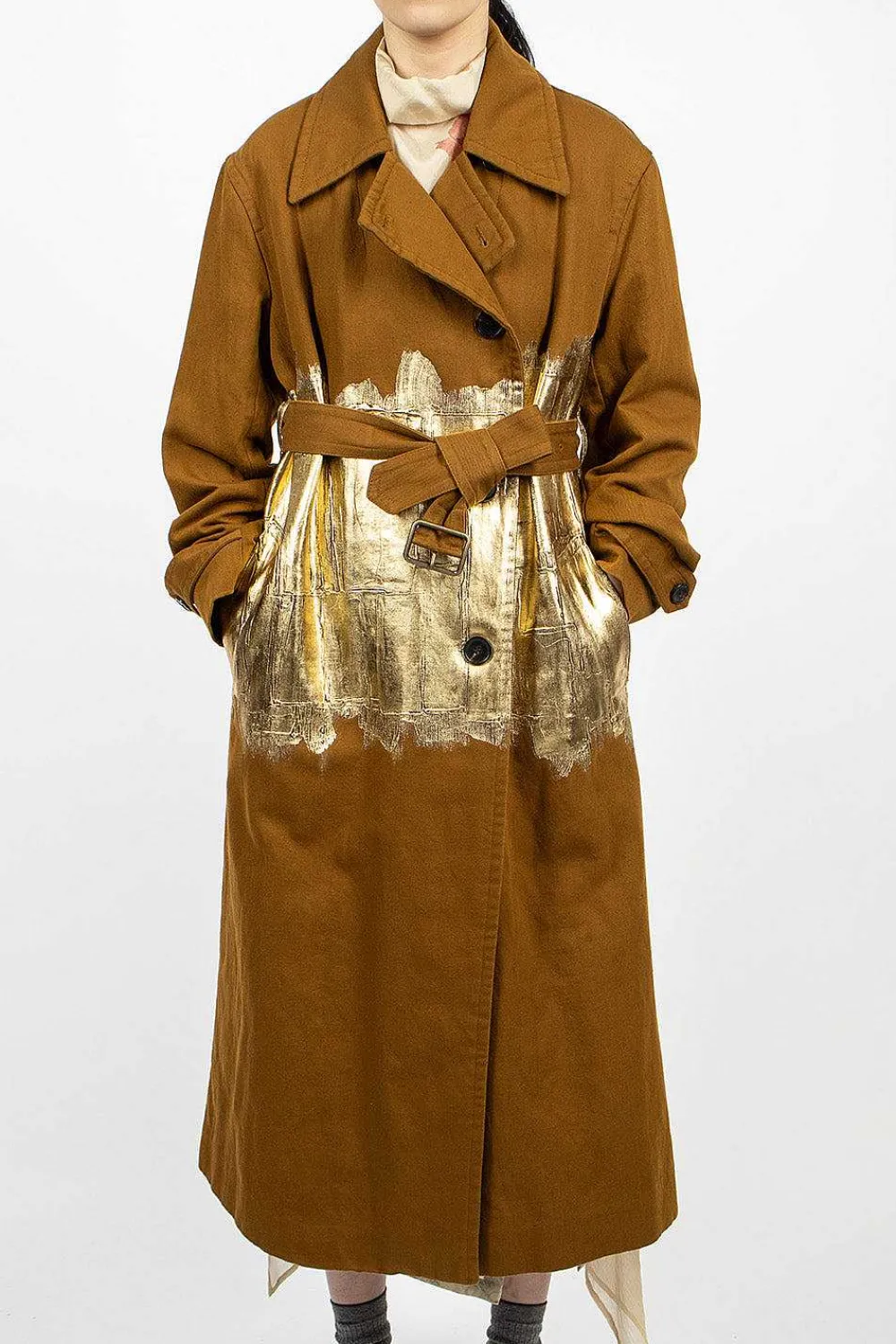 Dries Van Noten Foil Painted Trenchcoat Umber| Outerwear