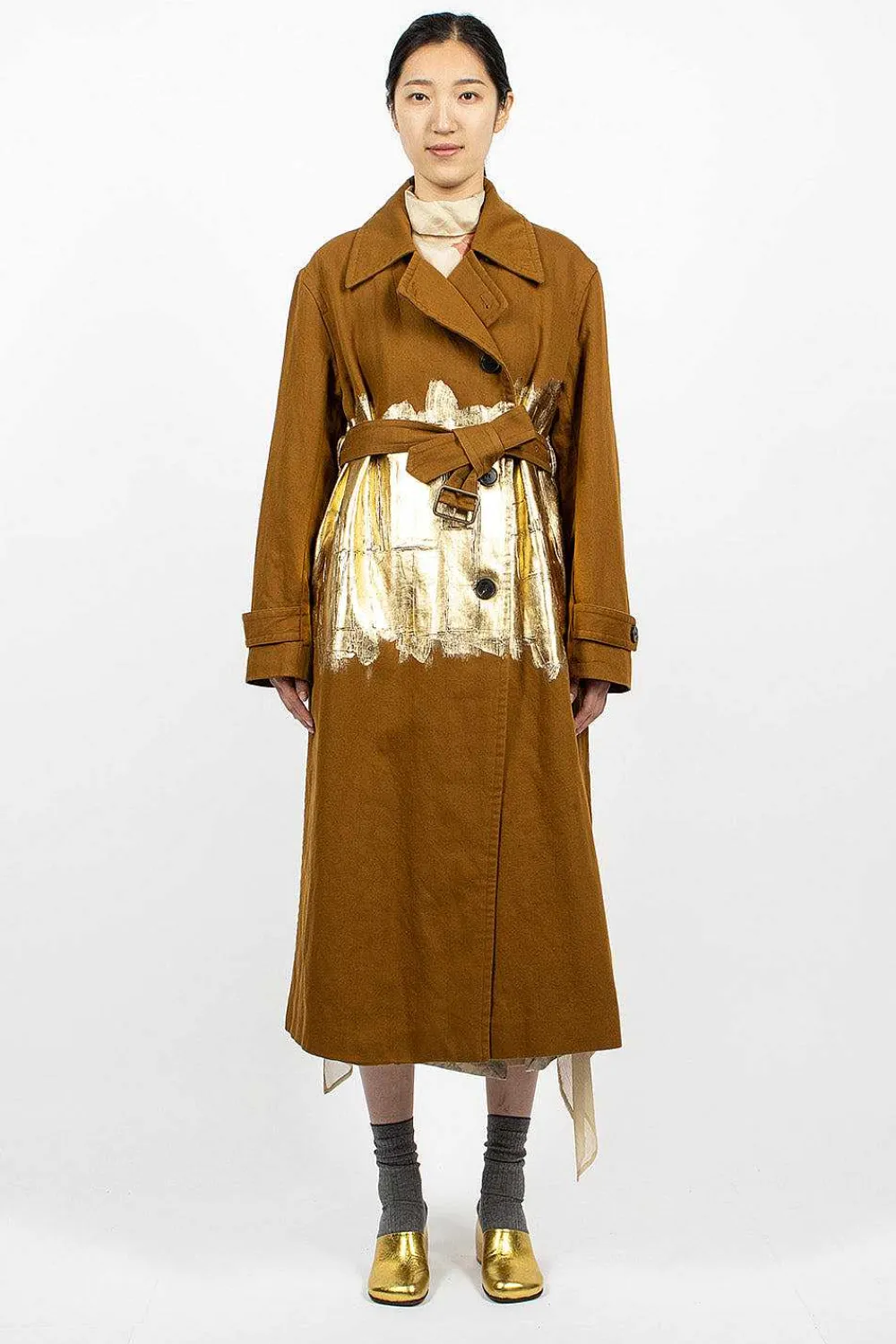 Dries Van Noten Foil Painted Trenchcoat Umber| Outerwear