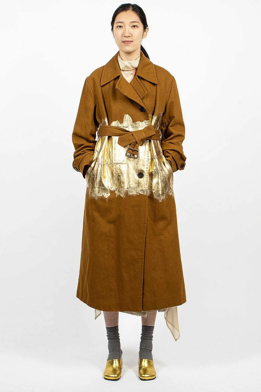 Dries Van Noten Foil Painted Trenchcoat Umber| Outerwear