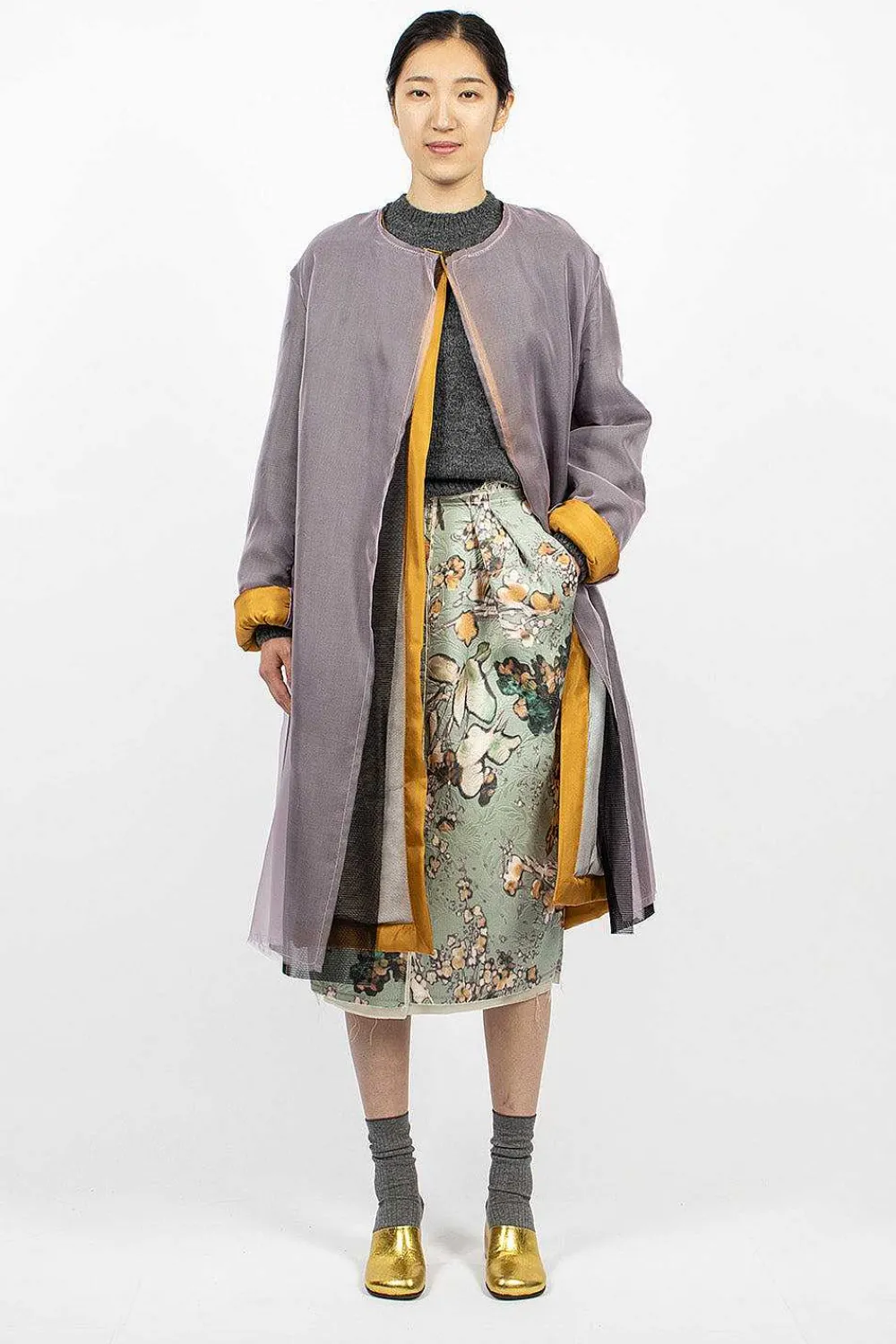 Dries Van Noten Layered Silk Coat Lilac| Outerwear