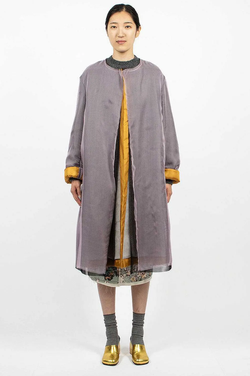 Dries Van Noten Layered Silk Coat Lilac| Outerwear