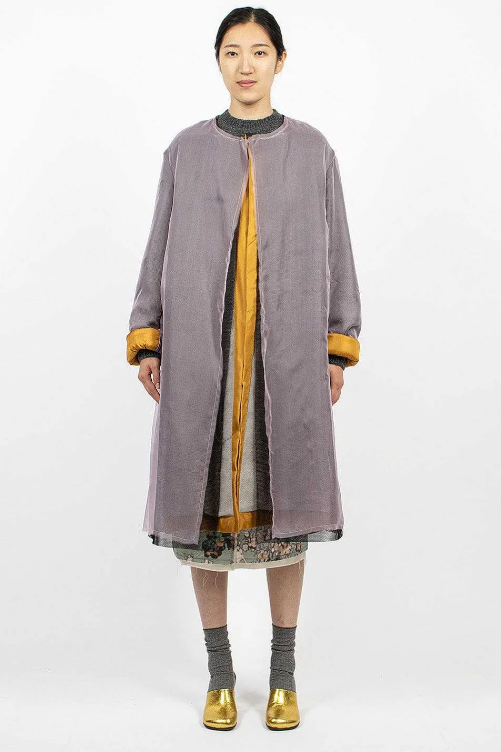 Dries Van Noten Layered Silk Coat Lilac| Outerwear
