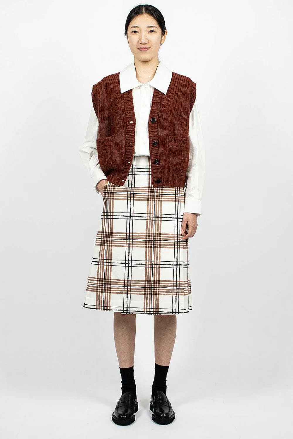 Margaret Howell Painted Check Wrap Skirt Off-White/Black/Tan| Skirts