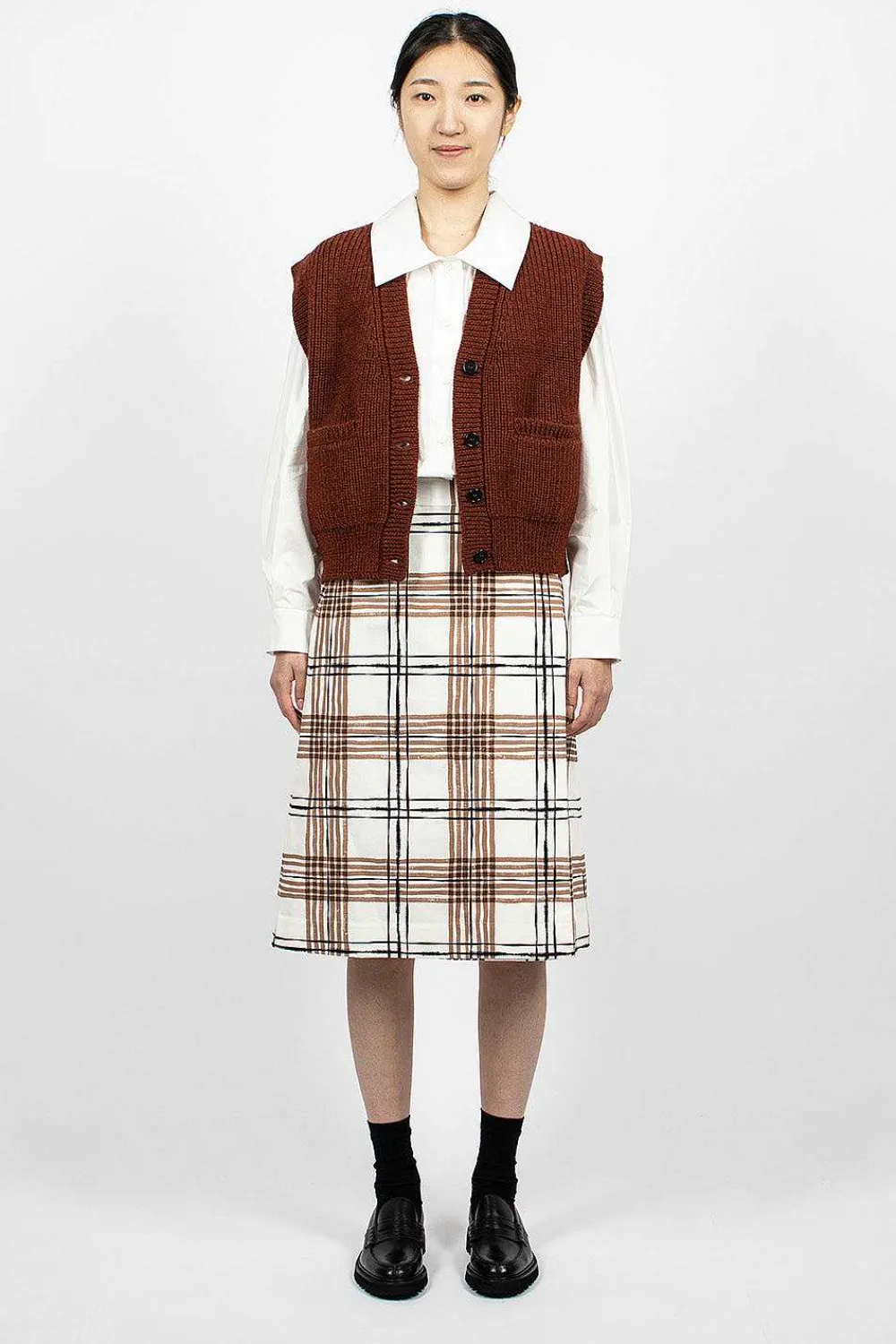 Margaret Howell Painted Check Wrap Skirt Off-White/Black/Tan| Skirts