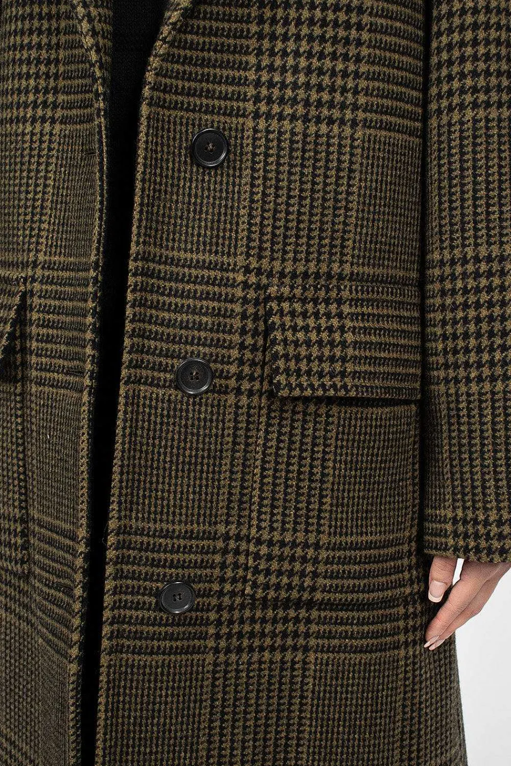Margaret Howell Raglan Check Overcoat Black/Olive| Outerwear