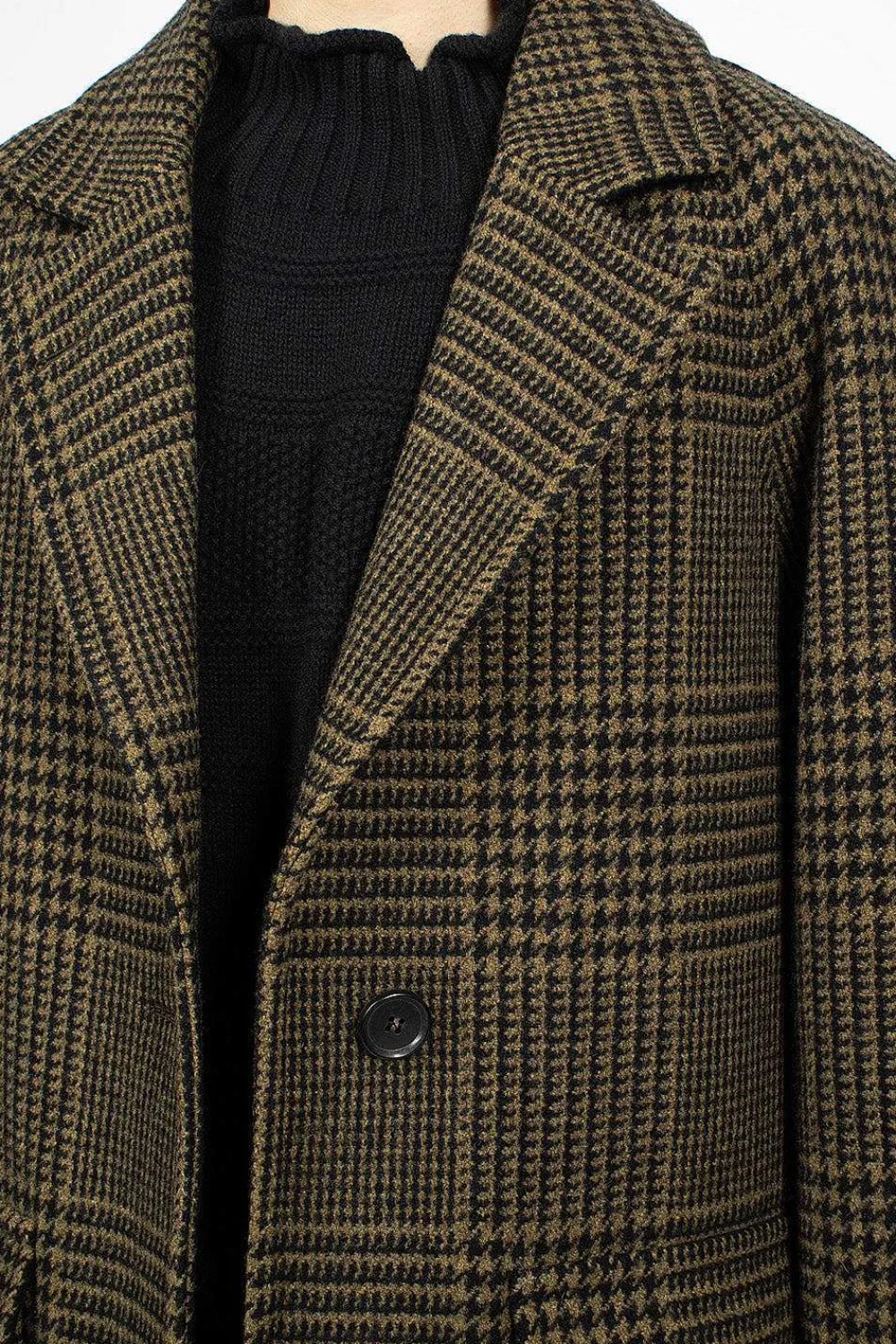 Margaret Howell Raglan Check Overcoat Black/Olive| Outerwear