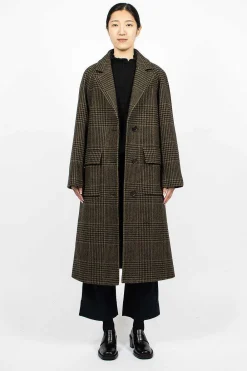 Margaret Howell Raglan Check Overcoat Black/Olive| Outerwear