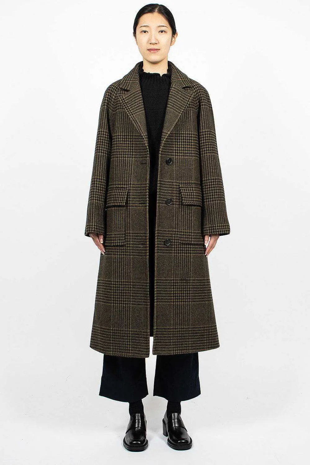 Margaret Howell Raglan Check Overcoat Black/Olive| Outerwear
