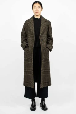 Margaret Howell Raglan Check Overcoat Black/Olive| Outerwear