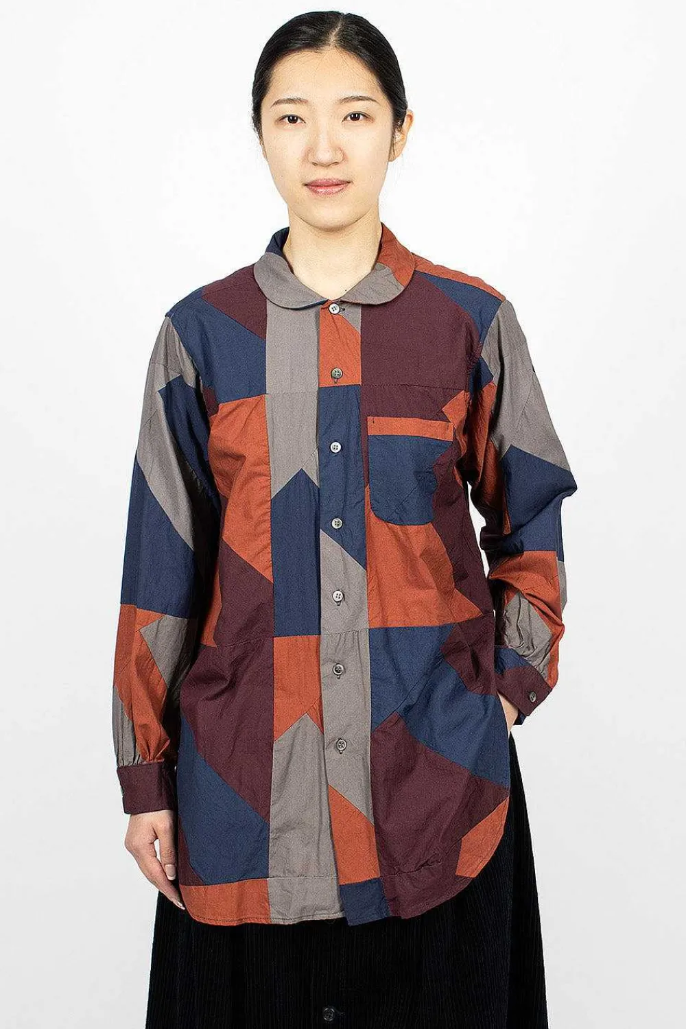 Engineered Garments FWK Rounded Collar Shirt Burgundy/Geo| Tops