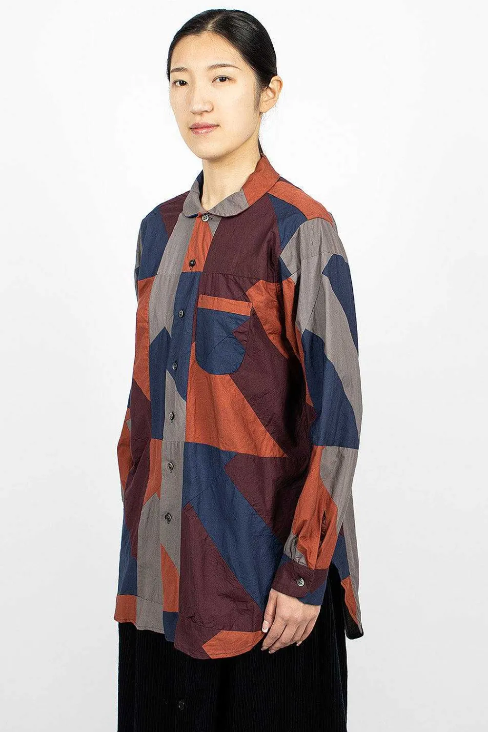 Engineered Garments FWK Rounded Collar Shirt Burgundy/Geo| Tops