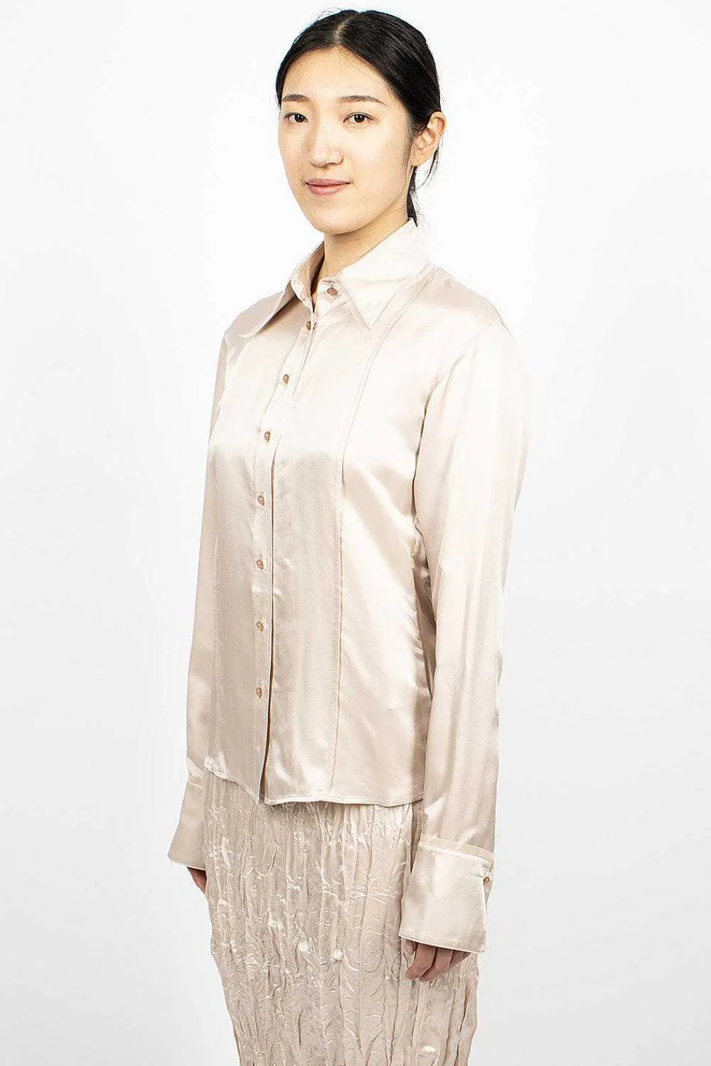 Acne Studios Satin Button-Up Shirt Pebble Beige| Shirts