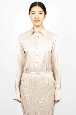 Acne Studios Satin Button-Up Shirt Pebble Beige| Shirts