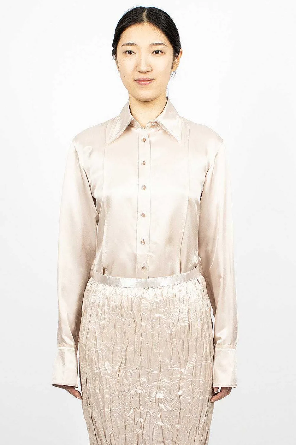 Acne Studios Satin Button-Up Shirt Pebble Beige| Shirts