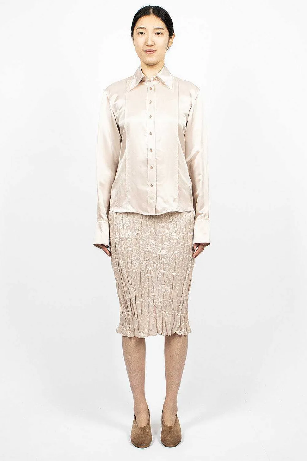 Acne Studios Satin Button-Up Shirt Pebble Beige| Shirts