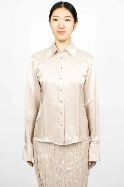 Acne Studios Satin Button-Up Shirt Pebble Beige| Shirts