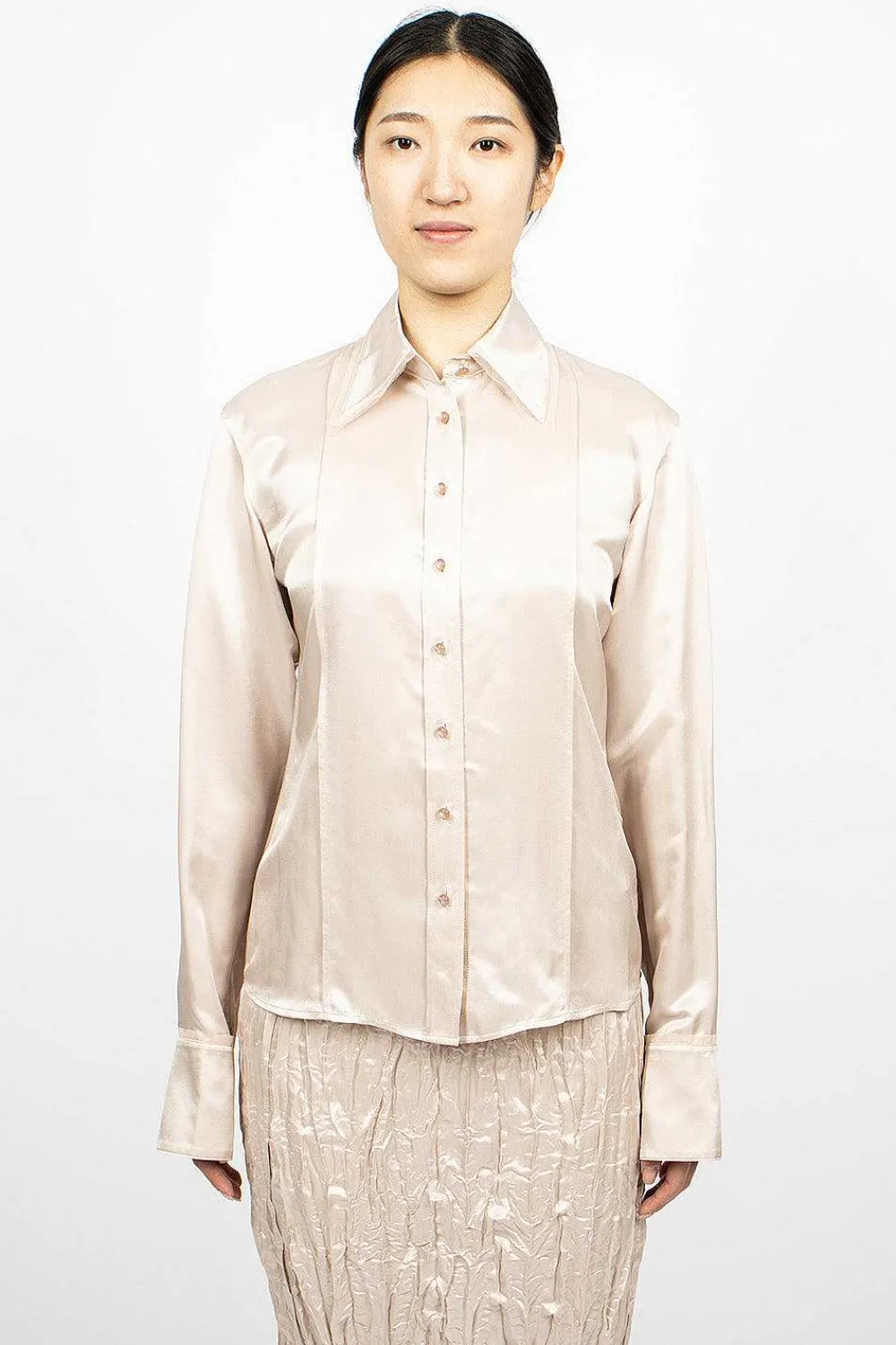 Acne Studios Satin Button-Up Shirt Pebble Beige| Shirts