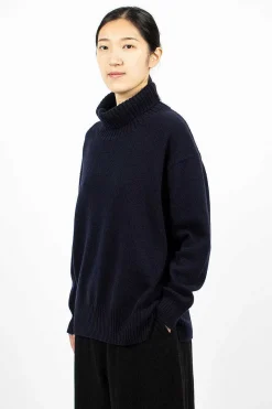 Toujours Side Slit Pullover Turtleneck Navy| Knitwear