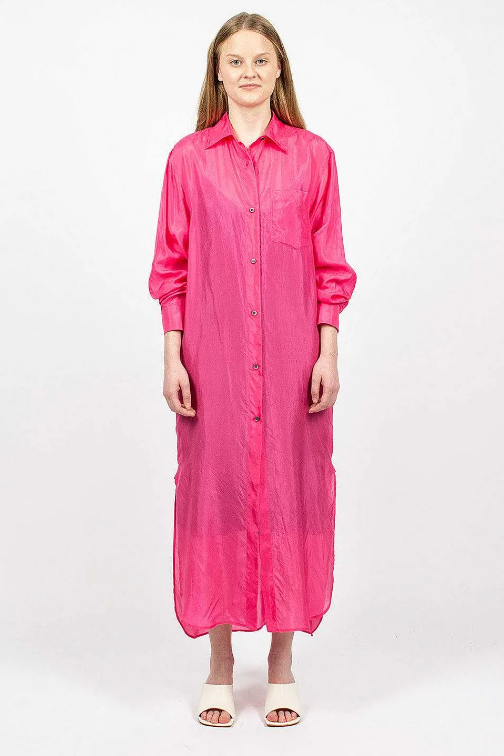 Dries Van Noten Silk Shirt Dress Fuchsia| Dresses