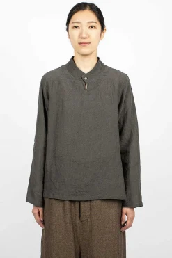 Vlas Blomme Stand Collar Blouse Charcoal| Tops