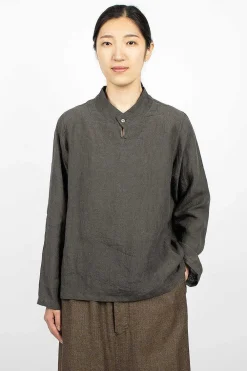 Vlas Blomme Stand Collar Blouse Charcoal| Tops